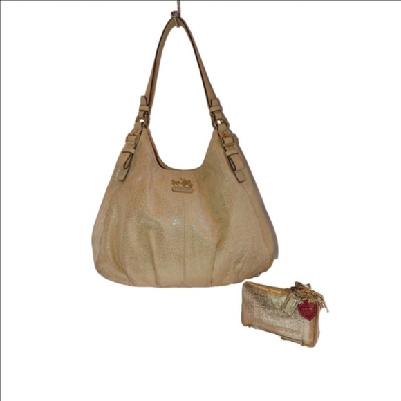 Coach Madison Maggie Hobo Bag/Poppy Wristlet Embossed Leather Metallic Gold W OS - Picture 4 of 10